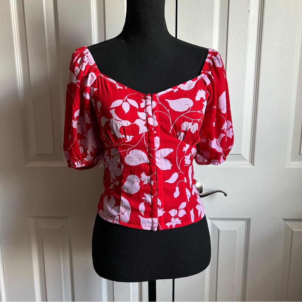 Sienna Skye red and pink monochrome floral puff sleeve coconut girl crop top